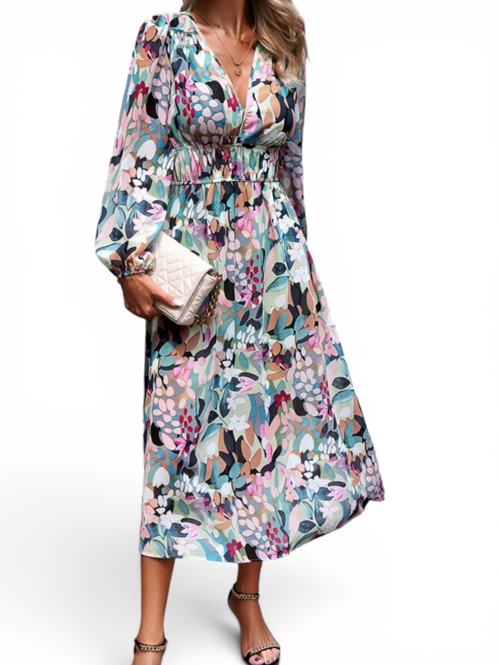 Floral V-Neck Long Sleeve Midi Dress - Green Multi
